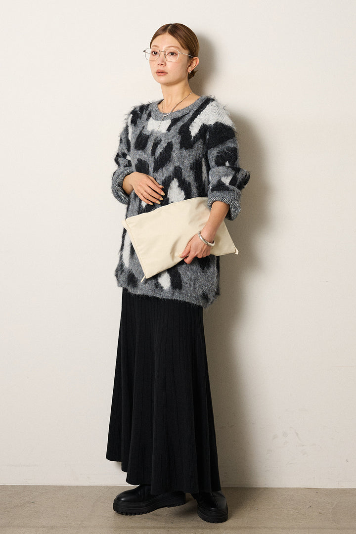 [SET]ルーズアニマルモヘアニットトップス+編み地切り替えフレアニットスカート(2set)