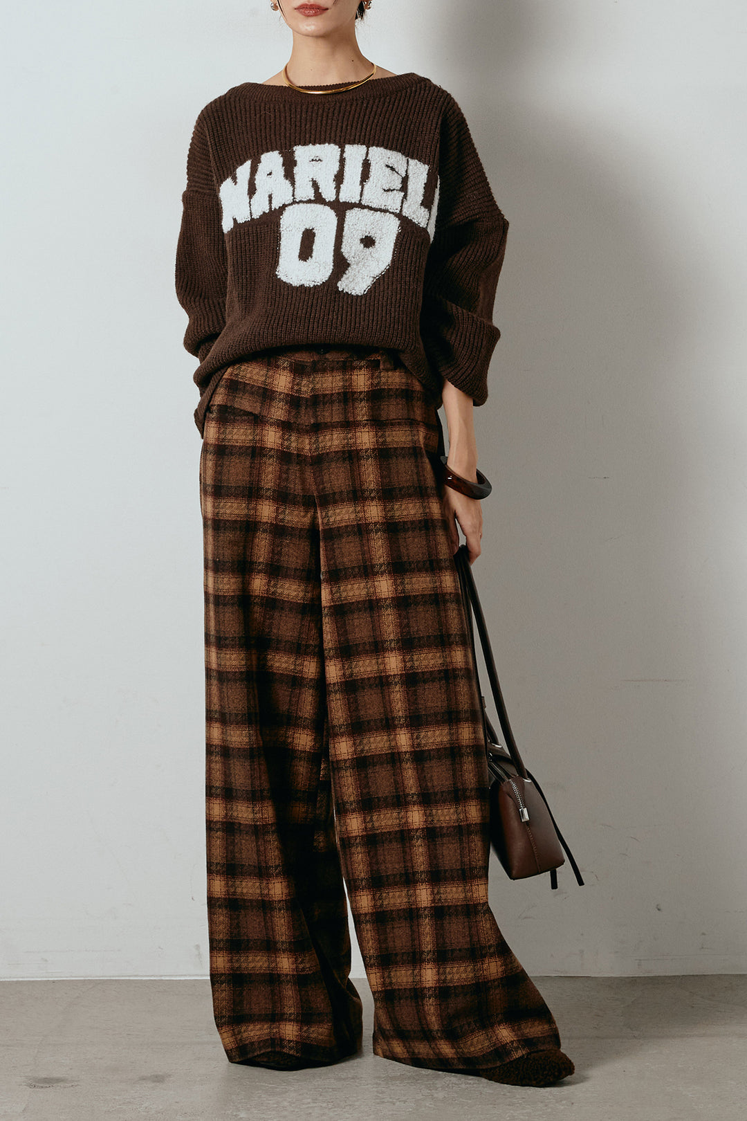 [SET]ロゴジャガードニットトップス+ルーズタータンチェックワイドパンツ(2set)