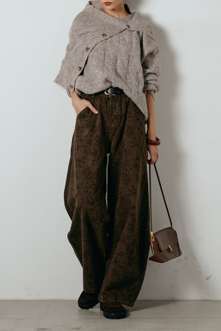 [SET]ケープデザインケーブルニットトップス+ベルト付きニュアンス柄カーブワイドパンツ(2set)