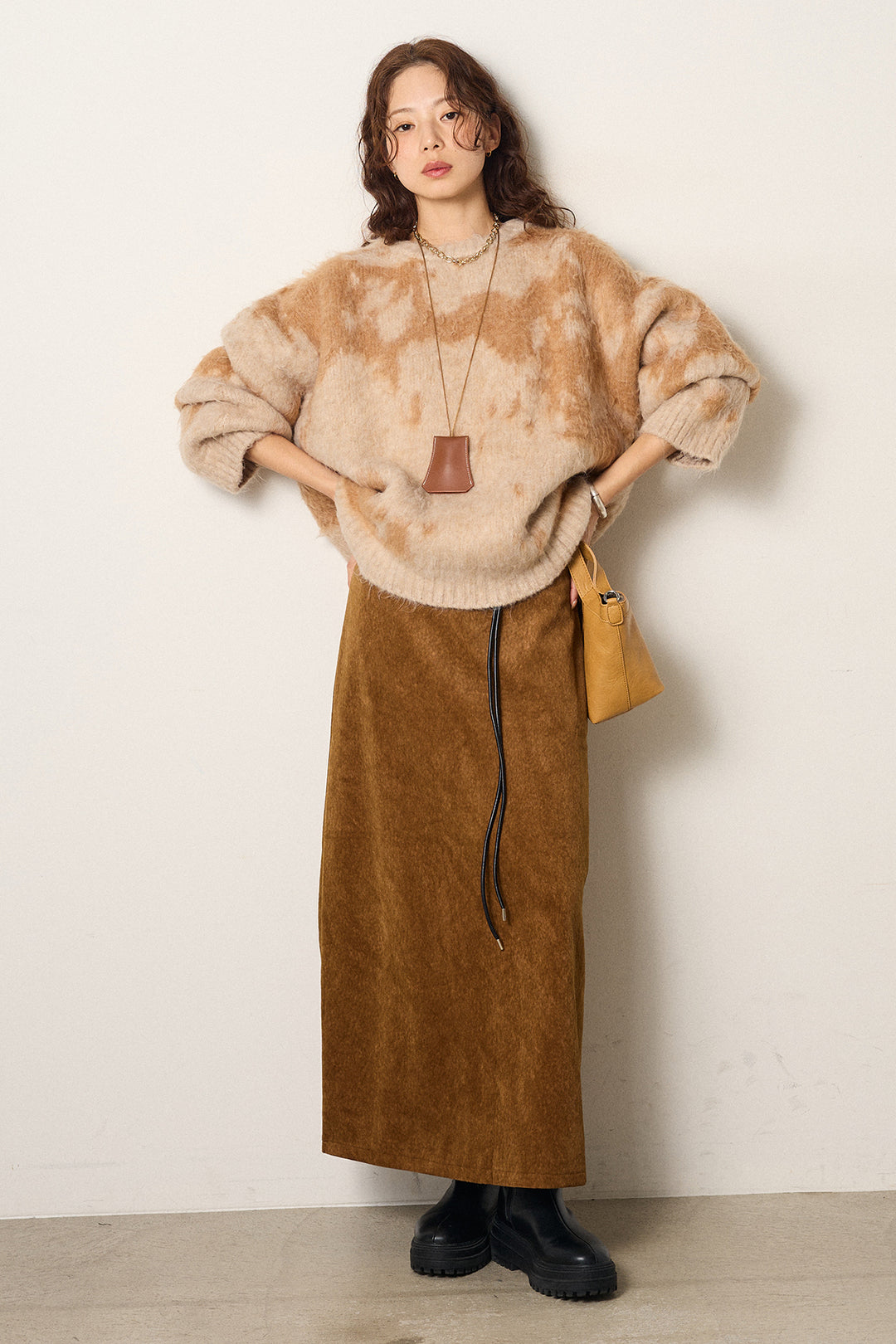 [SET]モヘアタッチマーブルニット+ロープベルト付きスウェード調スカート(2set)