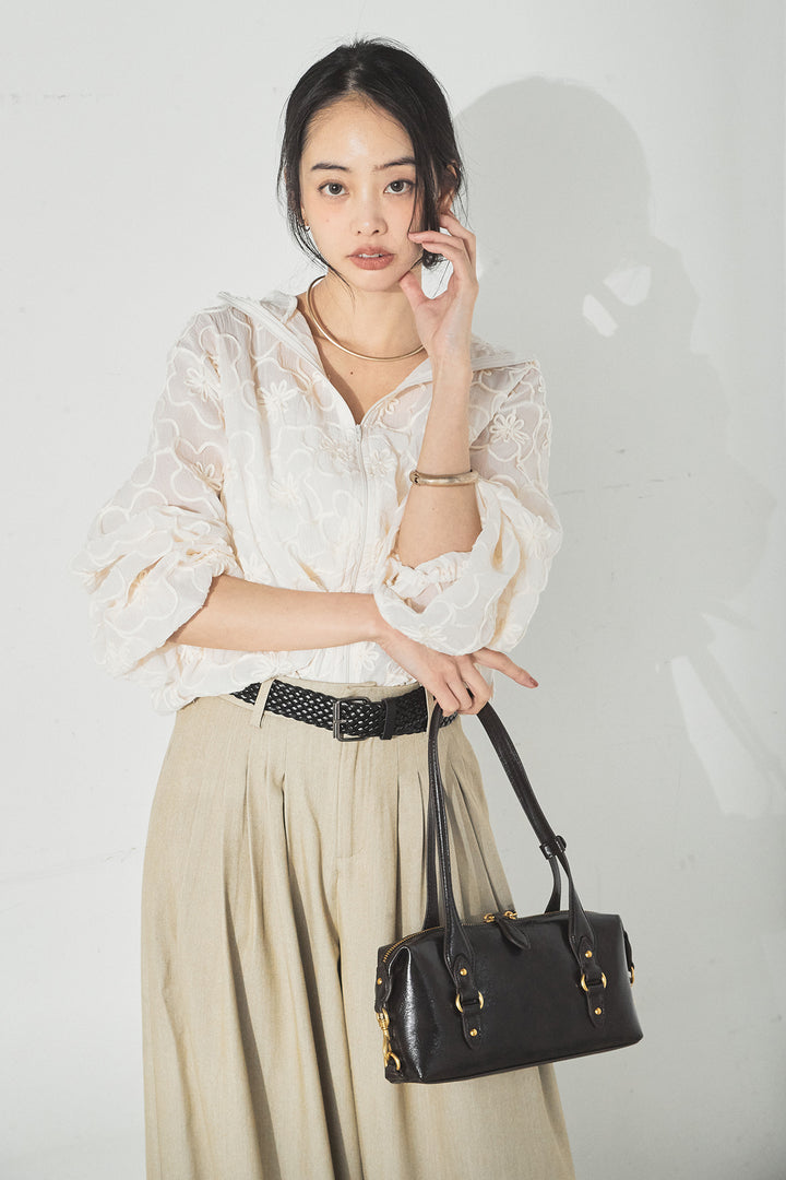 [SET]シアーフラワーフードブルゾン+編みベルト付きウエストタックワイドパンツ(2set)