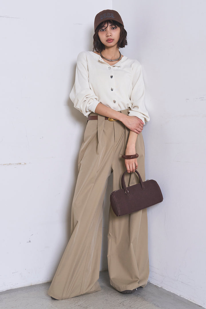[SET]リサイクルポリニュアンス釦カーデ+ベルトループデザインハイウエストタックパンツ(2set)