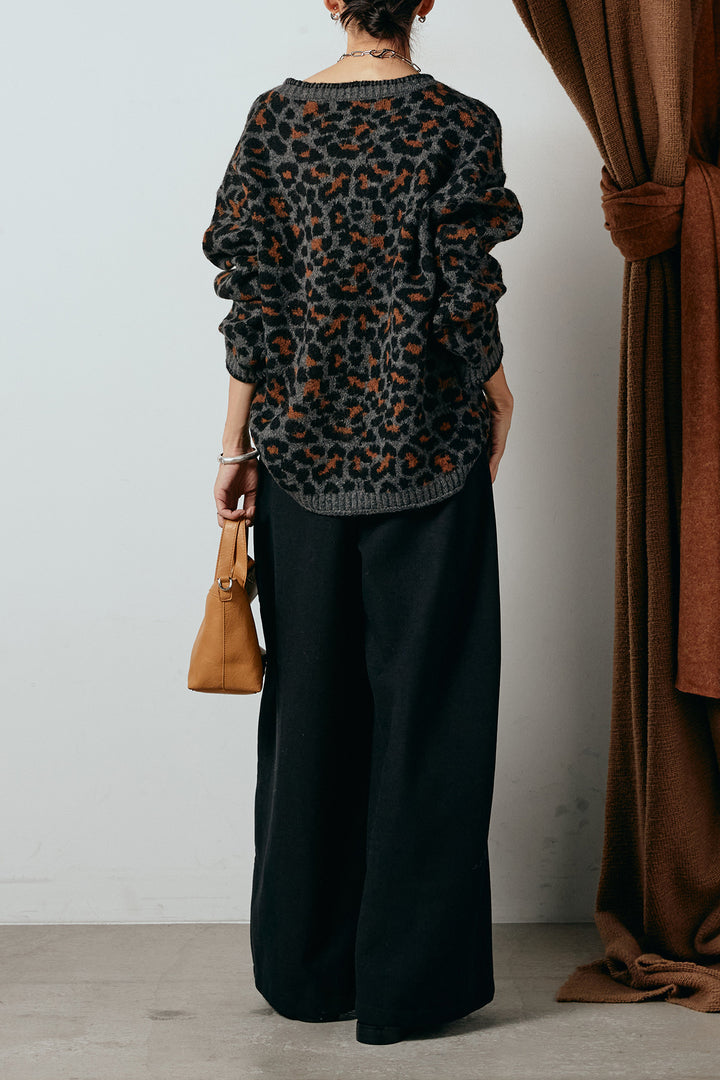 [SET]ステッチデザインレオパードニットカーディガン+ポーチベルト付きカーブパンツ(2set)