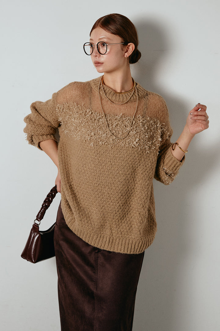 [SET]パターンランダム編みニットトップス+スウェードライク裾フリンジスカート(2set)