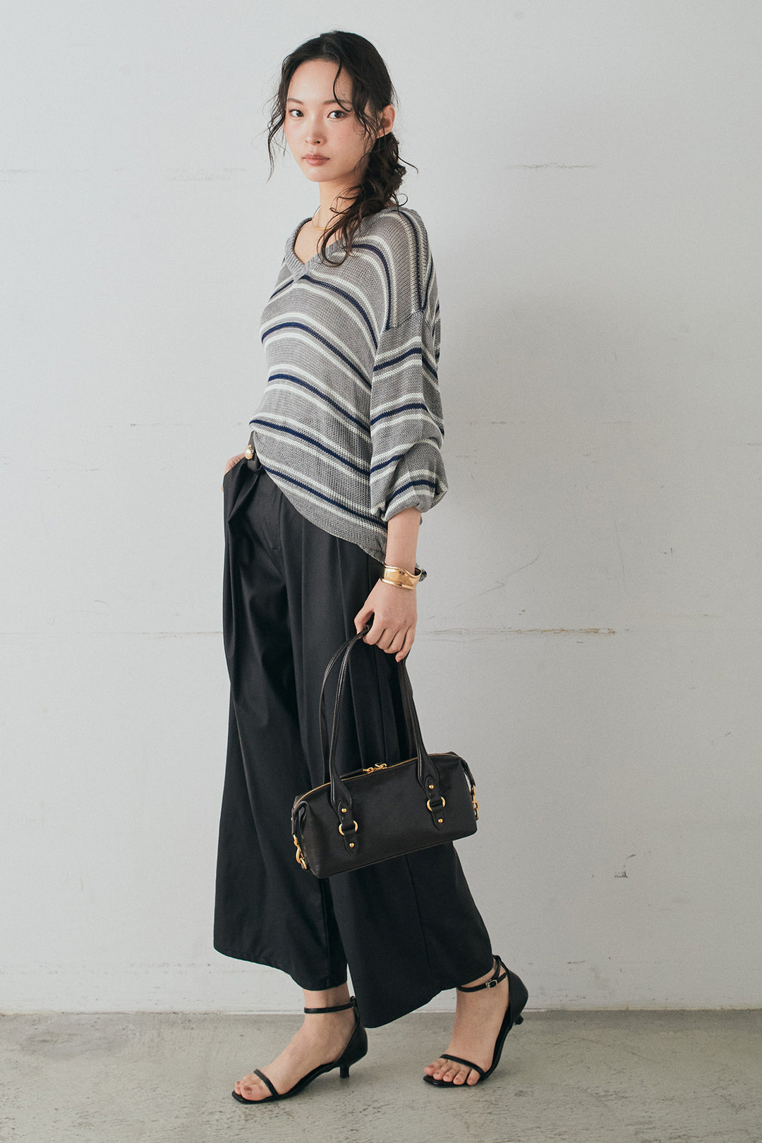 [SET]綿タッチVネックボーダートップス+ウォッシャブルエコレザータックパンツ(2set)