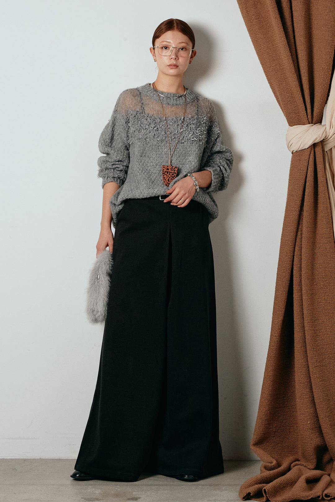 [SET]パターンランダム編みニットトップス+ベルト付きフロントタックデザインパンツ(2set)