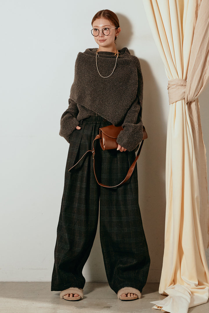 [SET]ケープデザインリブニットトップス+タータンチェック柄タックパンツ(2set)