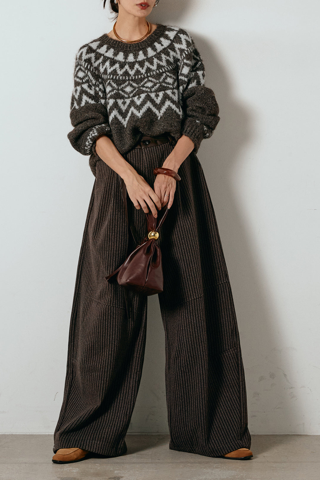 [SET]ノルディック柄Uネックプルオーバー+レザーライク配色ストライプパンツ(2set)