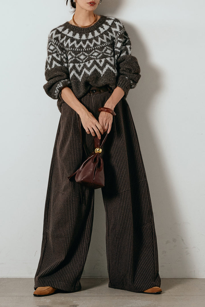 [SET]ノルディック柄Uネックプルオーバー+レザーライク配色ストライプパンツ(2set)