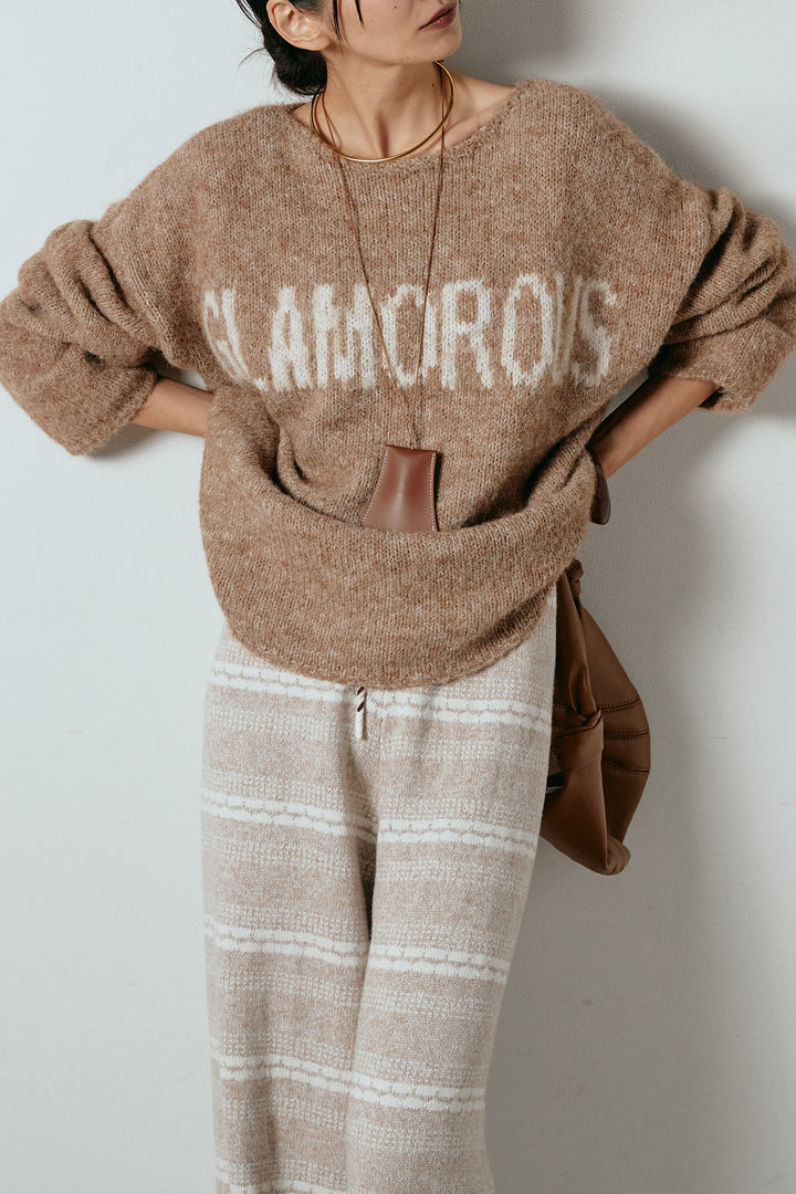 [SET]フロントロゴデザインニットトップス+マルチライン柄リラックスニットパンツ(2set)