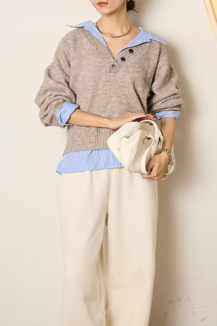 [SET]ストライプシャツドッキングニットポロトップス+裏起毛スウェットワイドパンツ(2set)
