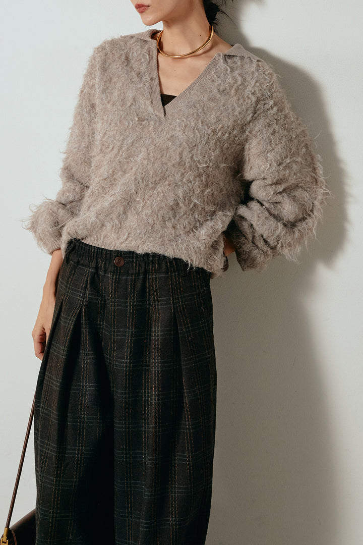 [SET]襟付きシャギーニットポロトップス+タータンチェック柄タックパンツ(2set)