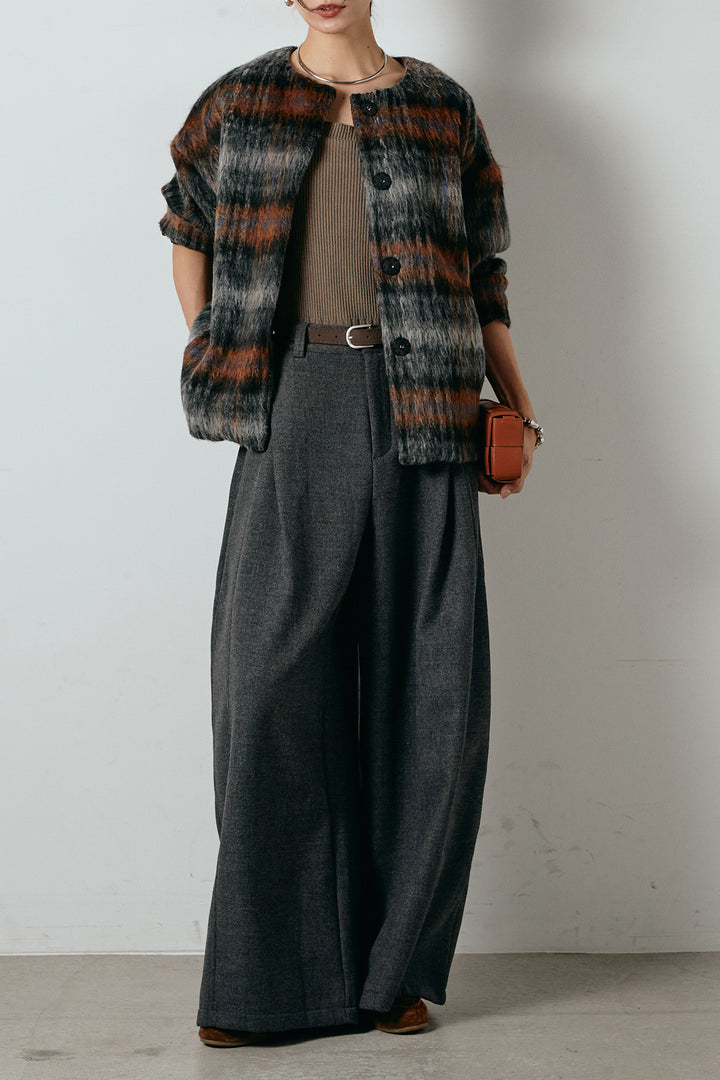 [SET]ノーカラーシャギーチェックアウター+ポーチベルト付きカーブパンツ(2set)