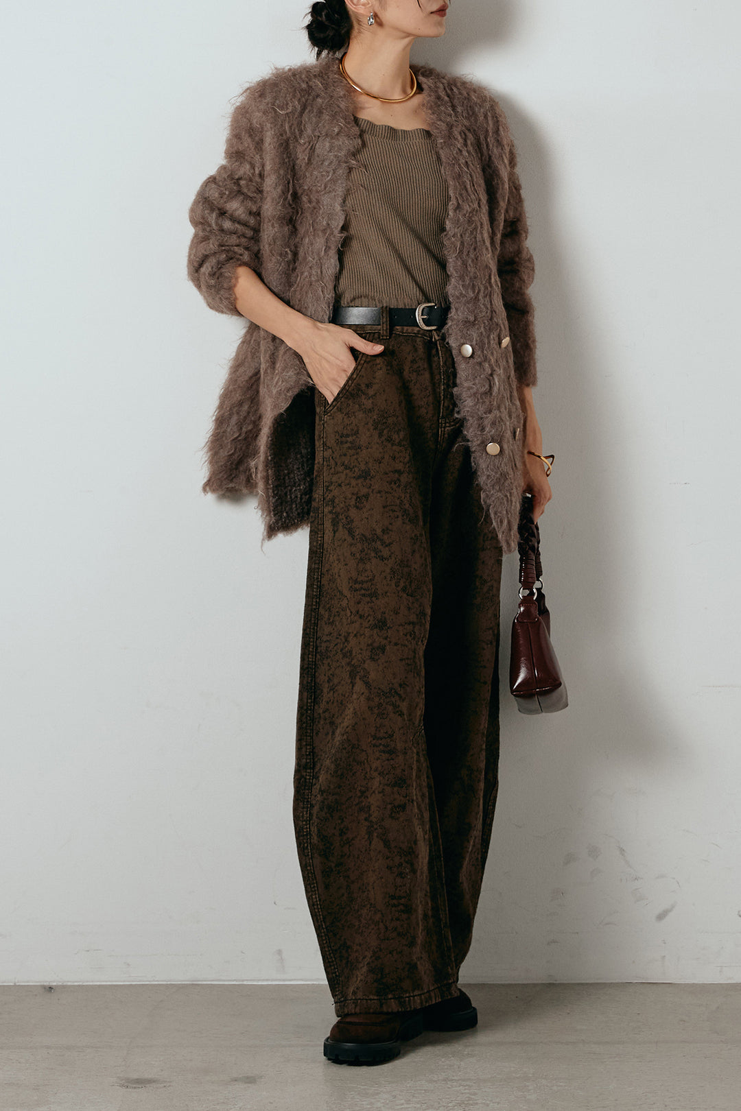 [SET]ウェーブシャギーニットジャケット+ベルト付きニュアンス柄カーブワイドパンツ(2set)
