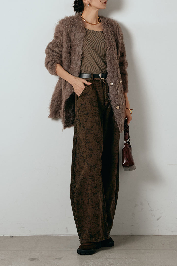 [SET]ウェーブシャギーニットジャケット+ベルト付きニュアンス柄カーブワイドパンツ(2set)
