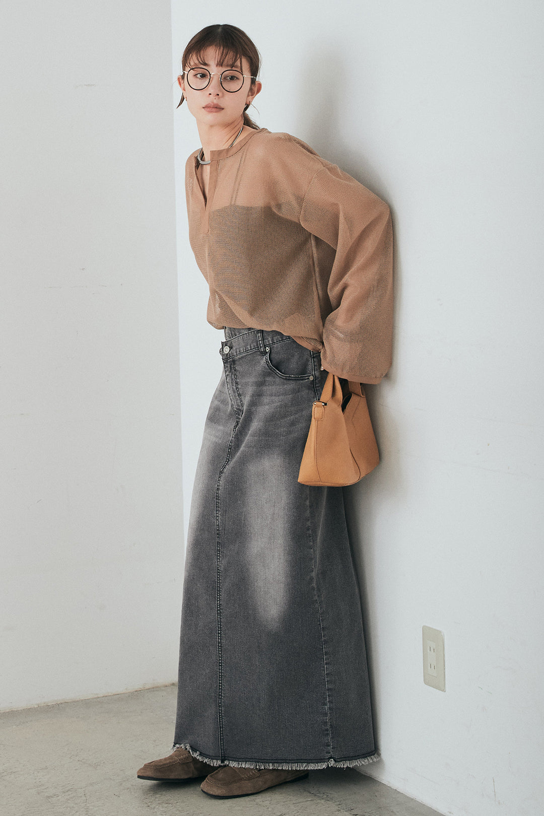 [SET]メッシュカットソースキッパープルオーバー+ウエストクロスデニムタイトスカート(2set)