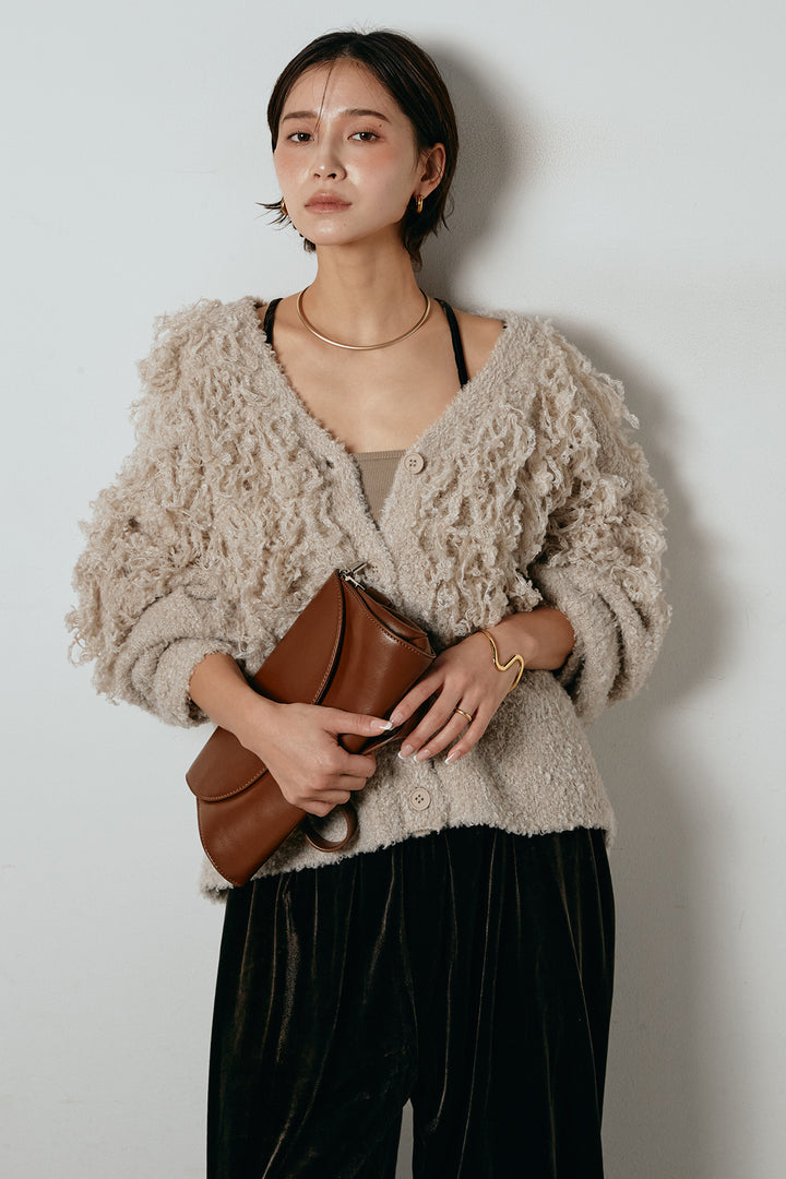 [SET]ループ編みVネックニットカーディガン+ベロアサスペンダー付きパンツ(2set)