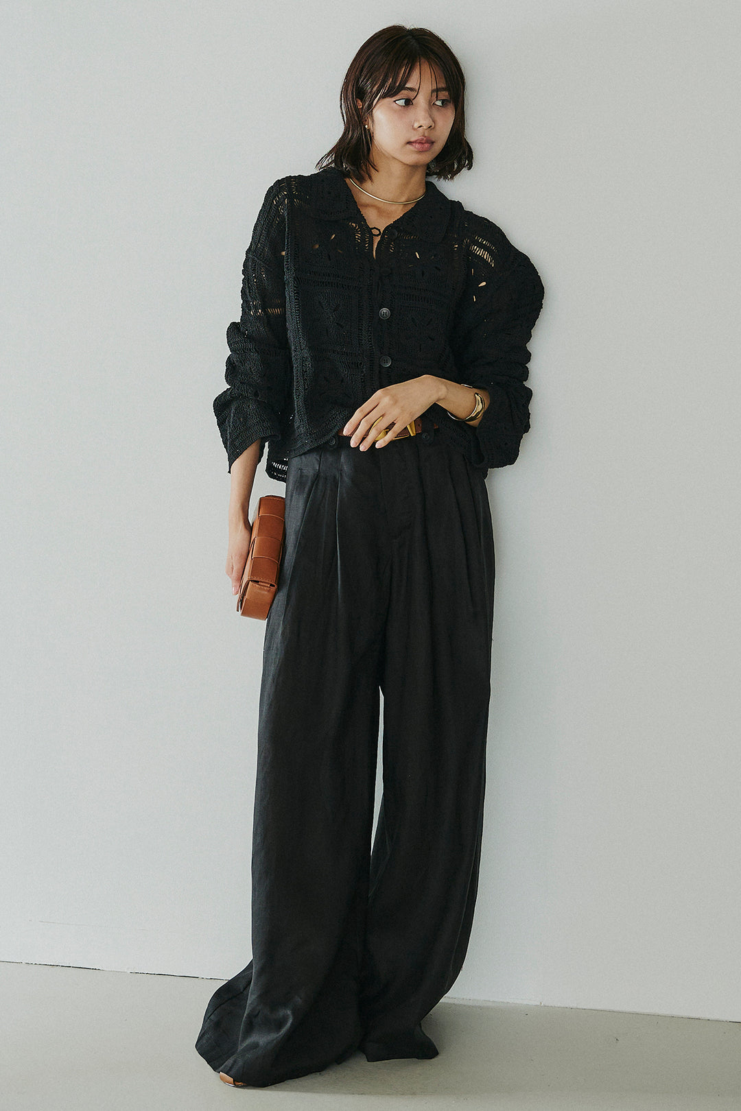 [SET]鍵編みフラワーレースカーディガン+タック入りワイドパンツ(2set)