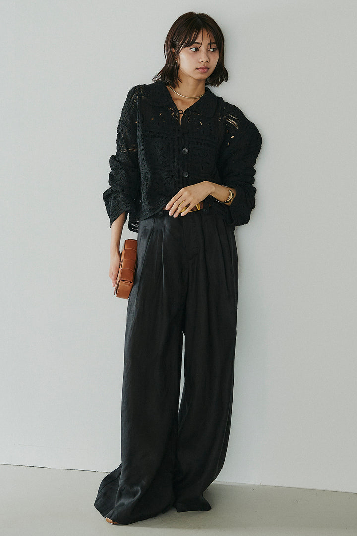 [SET]鍵編みフラワーレースカーディガン+タック入りワイドパンツ(2set)