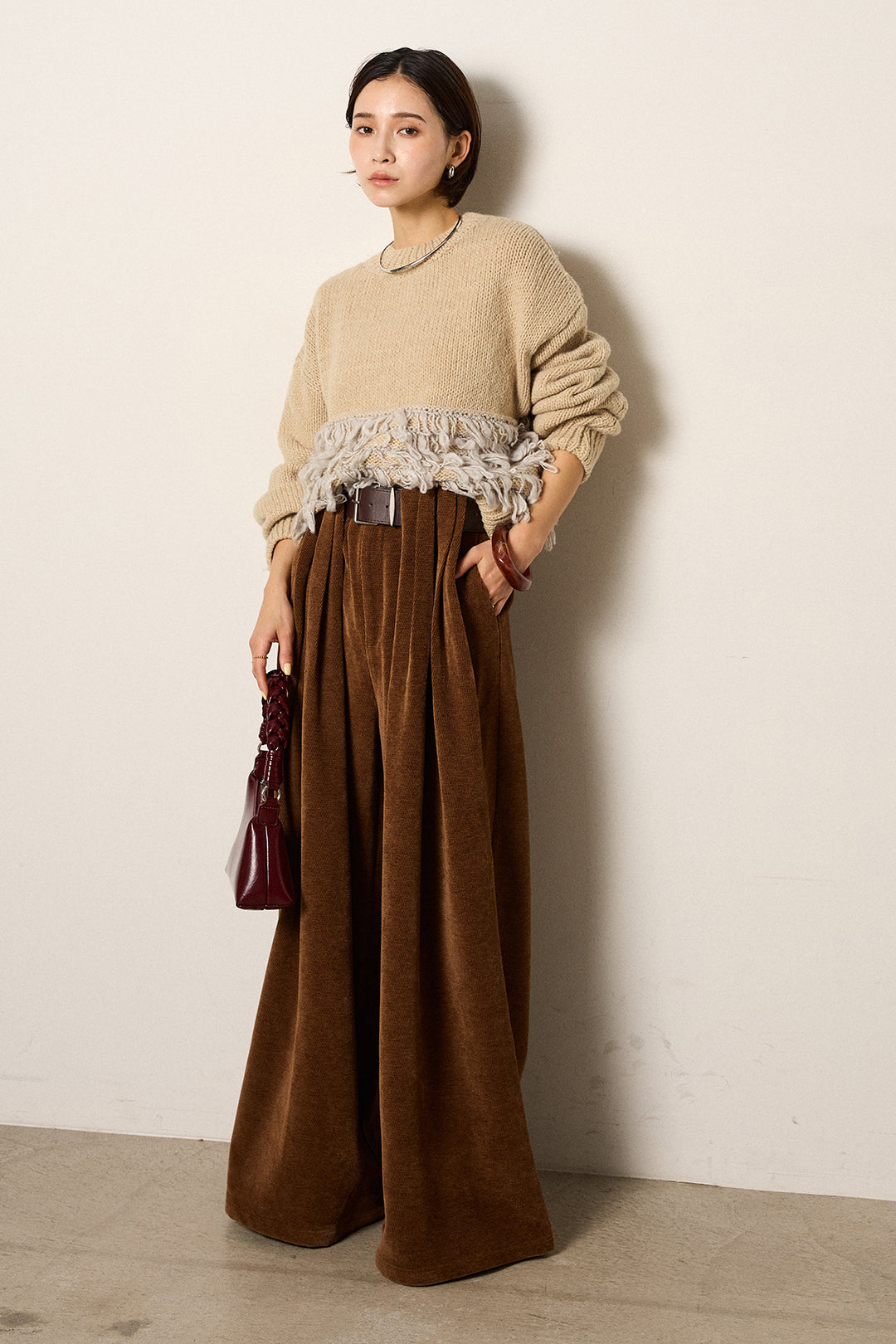 [SET]ループ編み切り替えニットプルオーバー+ベルトループコーデュロイワイドパンツ(2set)