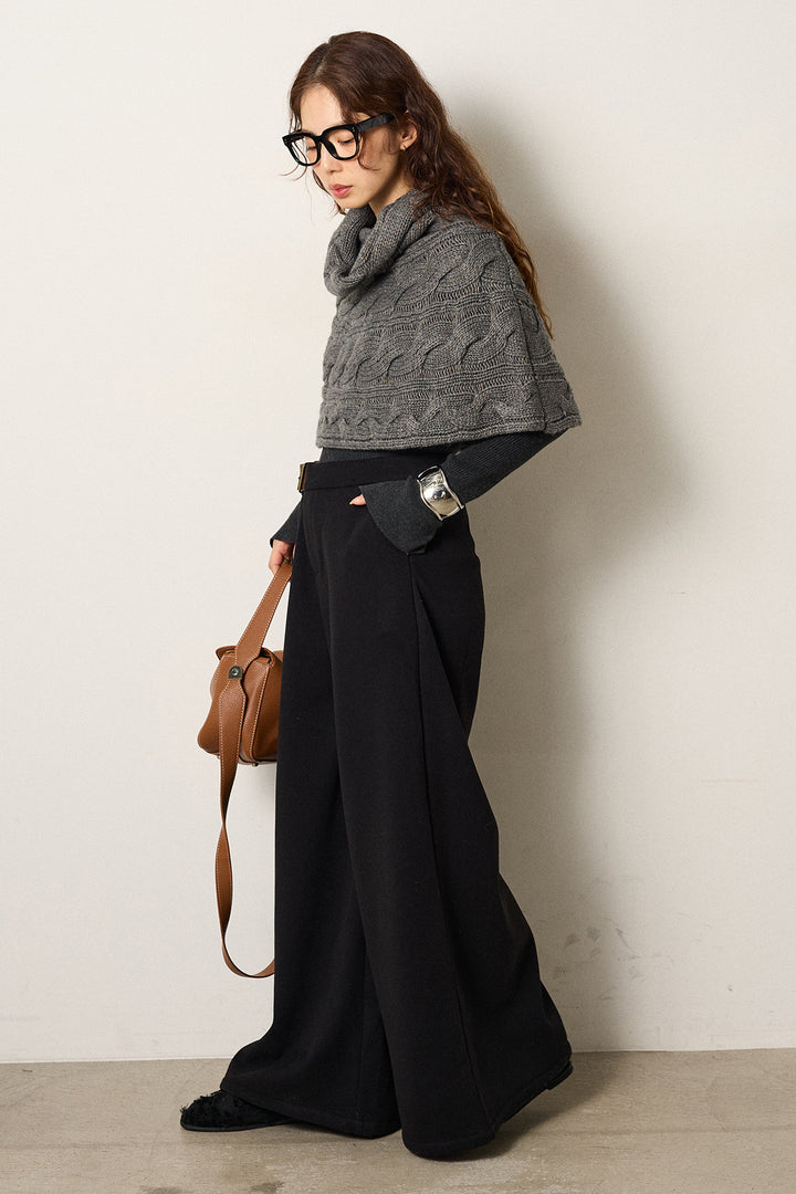 [SET]ケーブル編みケープレイヤードニット+サイドベルトパンツ(2set)