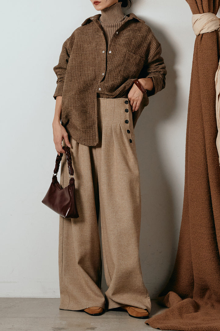 [SET]ルーズクラッシュツイルシャツ+リブニットシームレスタートルプルオーバー+サイドボタンツイードタックパンツ(3set)