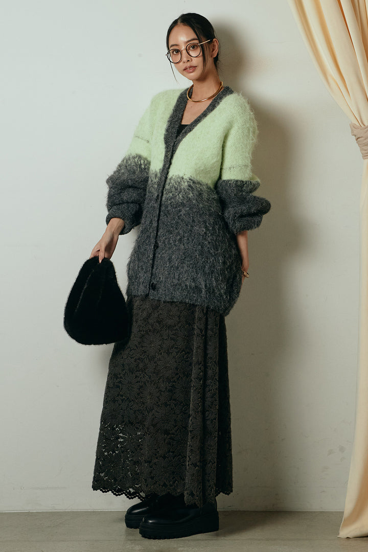 [SET]起毛グラデーションニットカーディガン+花柄刺繍ベロアフレアスカート(2set)