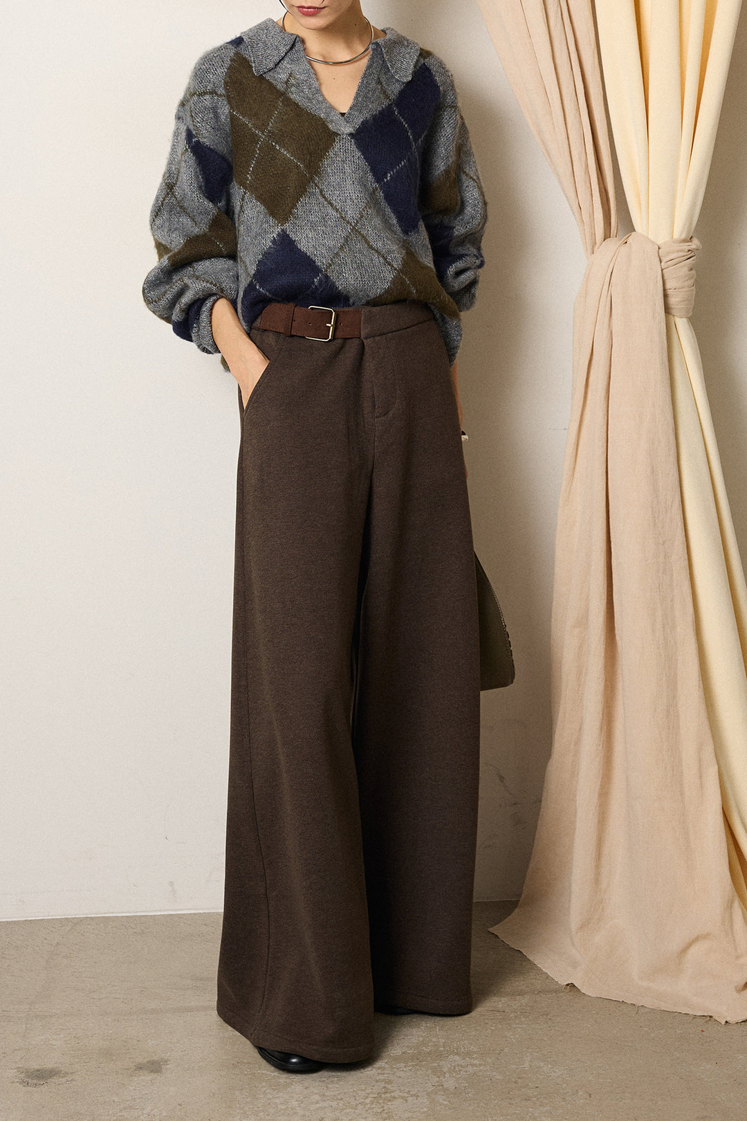 [SET]アクリルモヘアアーガイルキーネックプルオーバー+サイドベルトパンツ(2set)