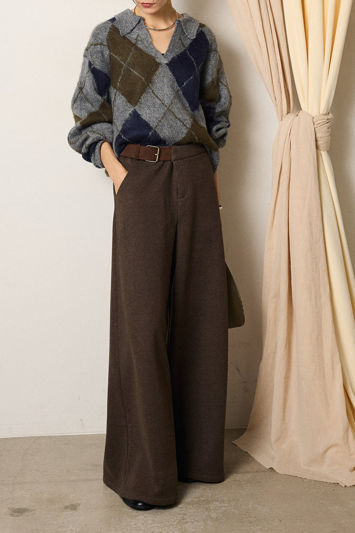 [SET]アクリルモヘアアーガイルキーネックプルオーバー+サイドベルトパンツ(2set)