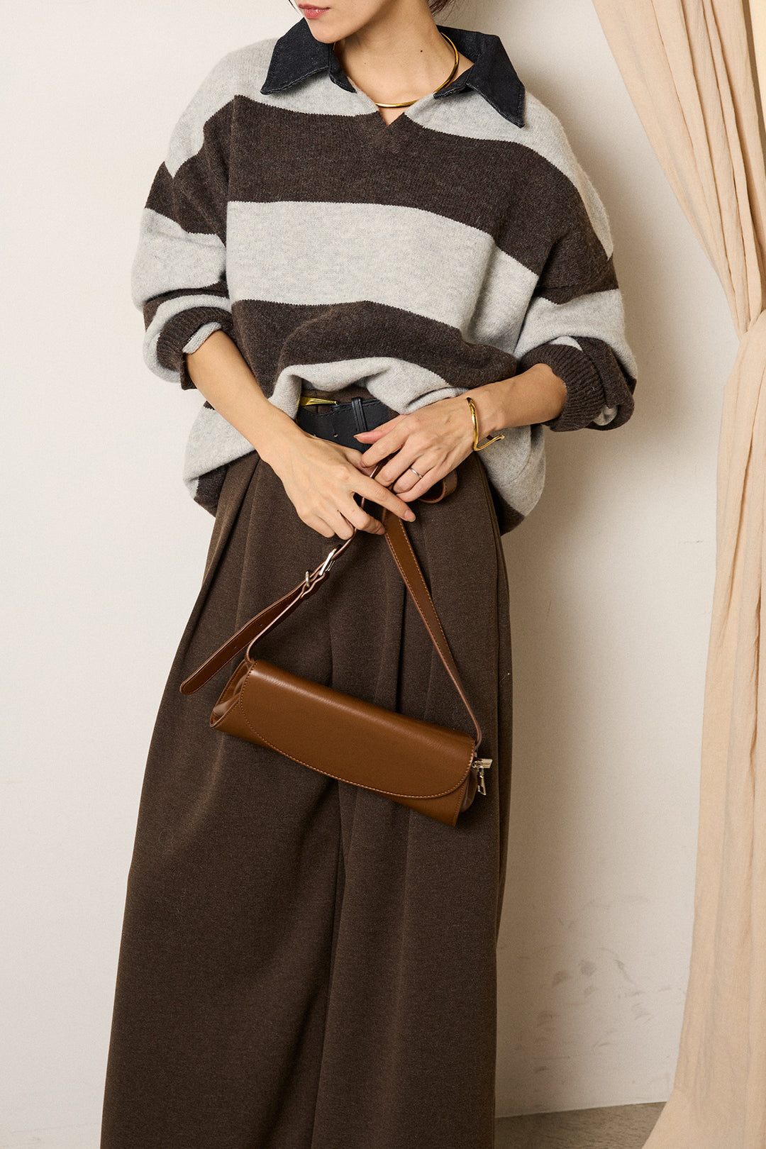 [SET]デニムカラーボーダールーズニット+ゴールドバックル太ベルト付きワイドパンツ(2set)