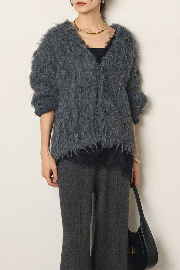 [SET]起毛シャギーニットカーディガン+レース切り替えキャミソール(2set)