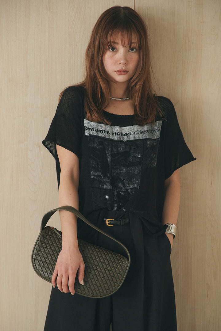 [SET]半袖モノトーングラフィックトップス+ベルトループデザインハイウエストタックパンツ(2set)