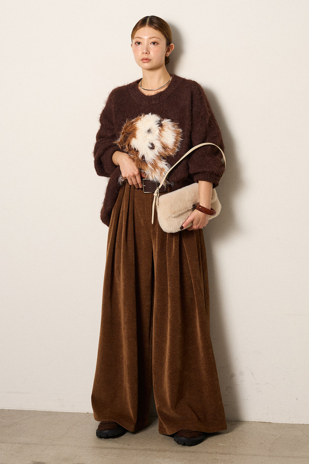 [SET]シャギーニュアンスアニマルニット+ベルトループコーデュロイワイドパンツ(2set)