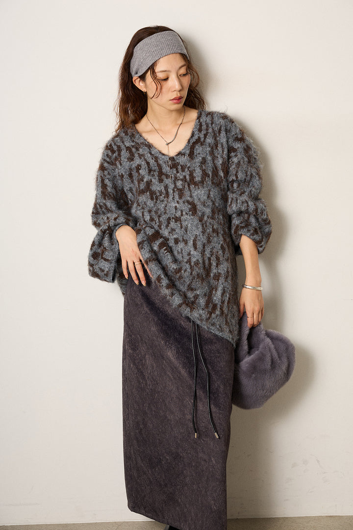 [SET]フラッフィーレオパードシャギーニット+ロープベルト付きスウェード調スカート(2set)
