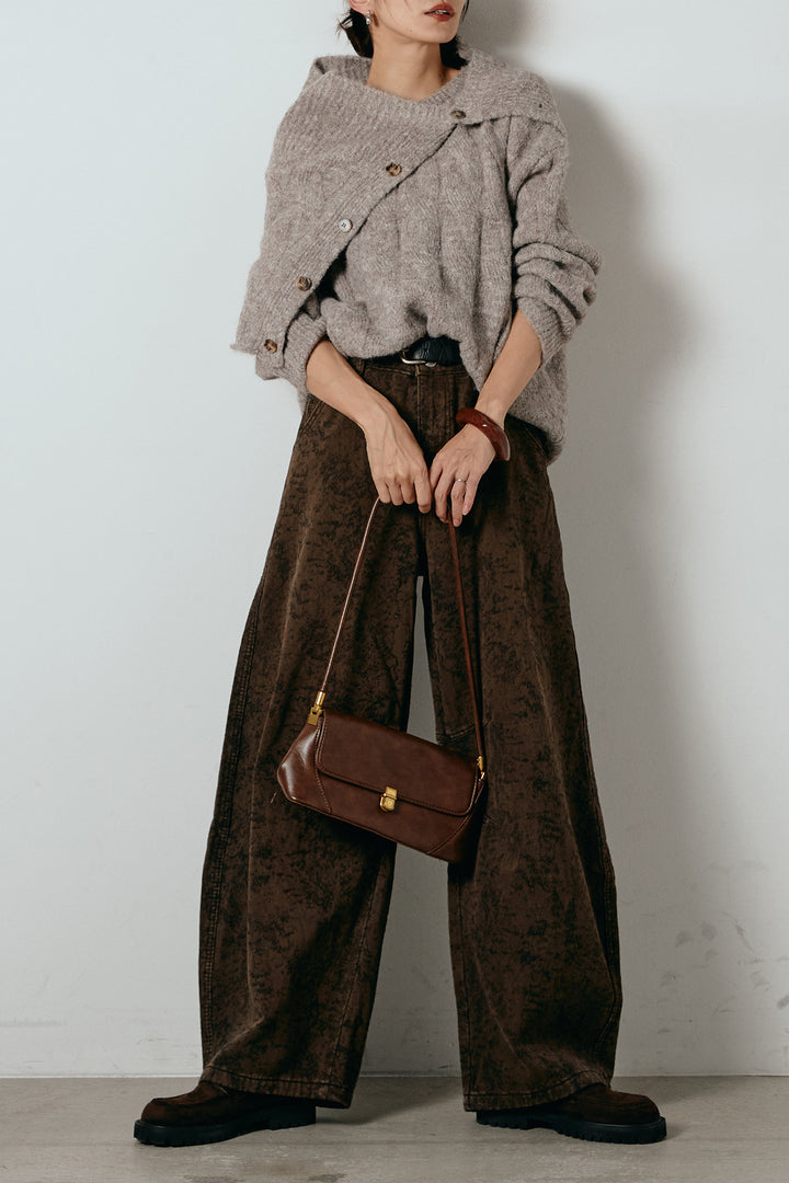 [SET]ケープデザインケーブルニットトップス+ベルト付きニュアンス柄カーブワイドパンツ(2set)