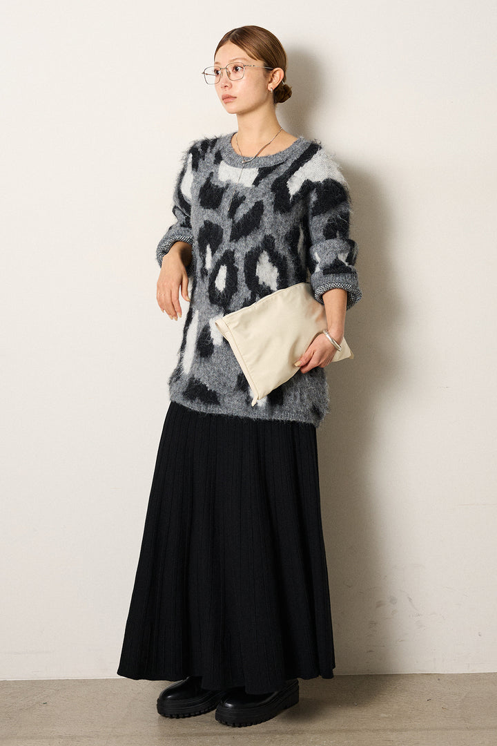 [SET]ルーズアニマルモヘアニットトップス+編み地切り替えフレアニットスカート(2set)