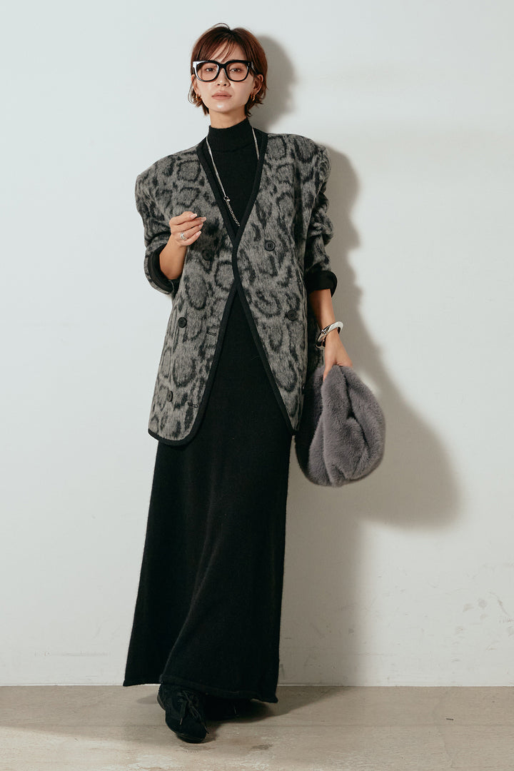 [SET]ノーカラーレオパード柄アウター+ノースリーブニットロングワンピース(2set)