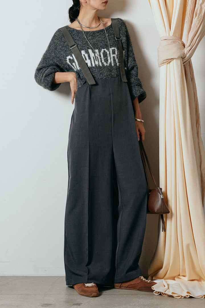 [SET]フロントロゴデザインニットトップス+ワイドツイルサロペット(2set)