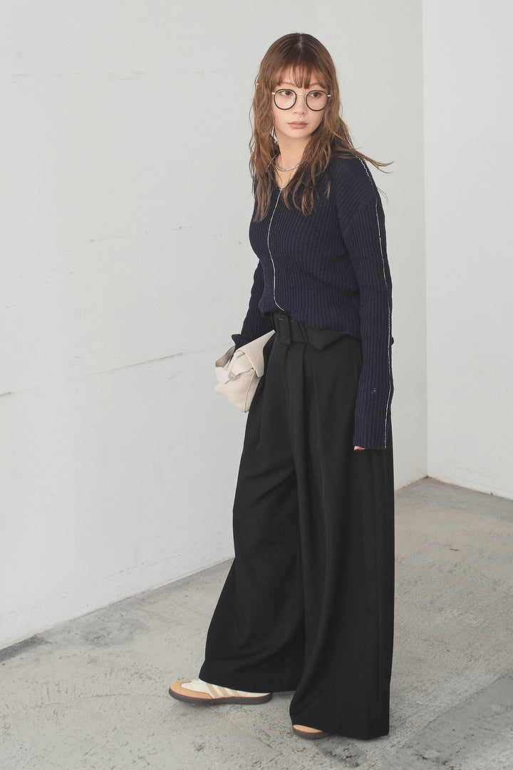 [SET]衿付きニットプルオーバー+ベルト付きツータックワイドパンツ(2set)