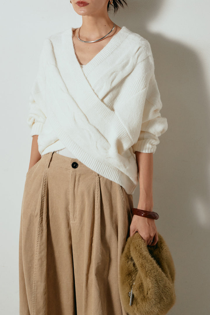 [SET]ケーブルカシュクールニットトップス+タック入りコーデュロイワイドパンツ(2set)