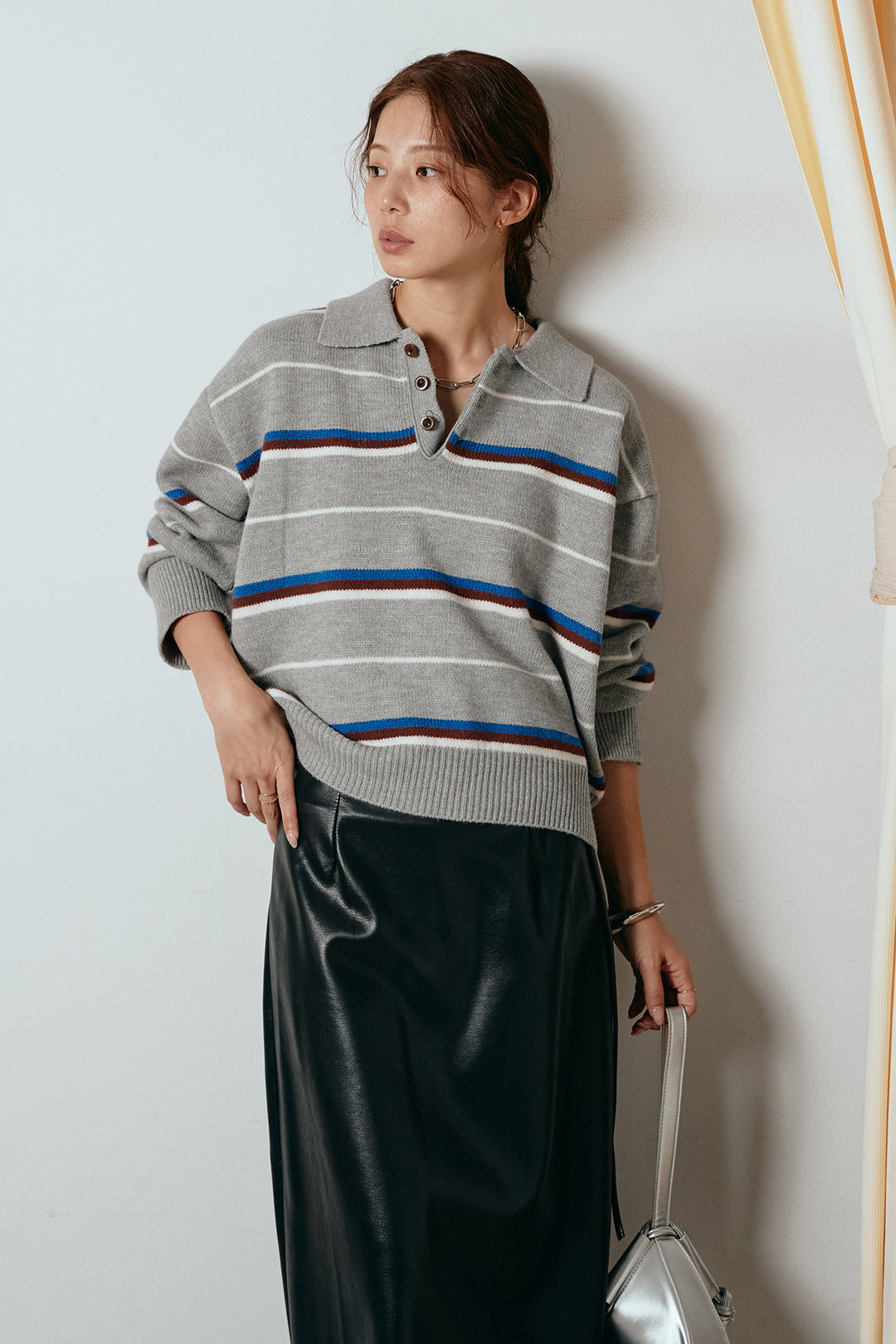 [SET]襟付きマルチボーダーニットポロトップス+紐付きフェイクレザーワイドスカート(2set)