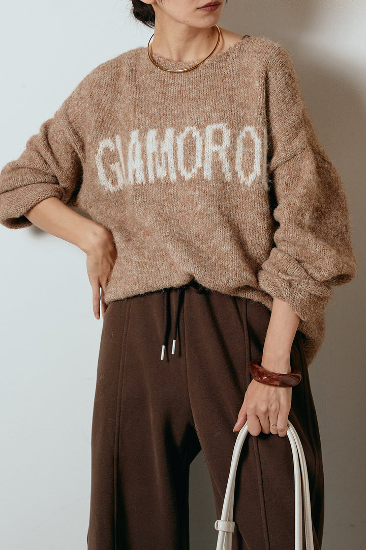 [SET]フロントロゴデザインニットトップス+スウェットワイドカーブパンツ(2set)