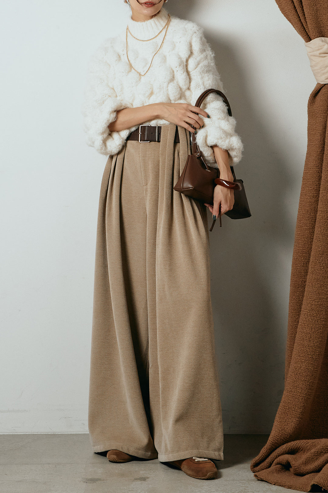 [SET]ボリュームポップコーンニットトップス+ベルトループコーデュロイワイドパンツ(2set)