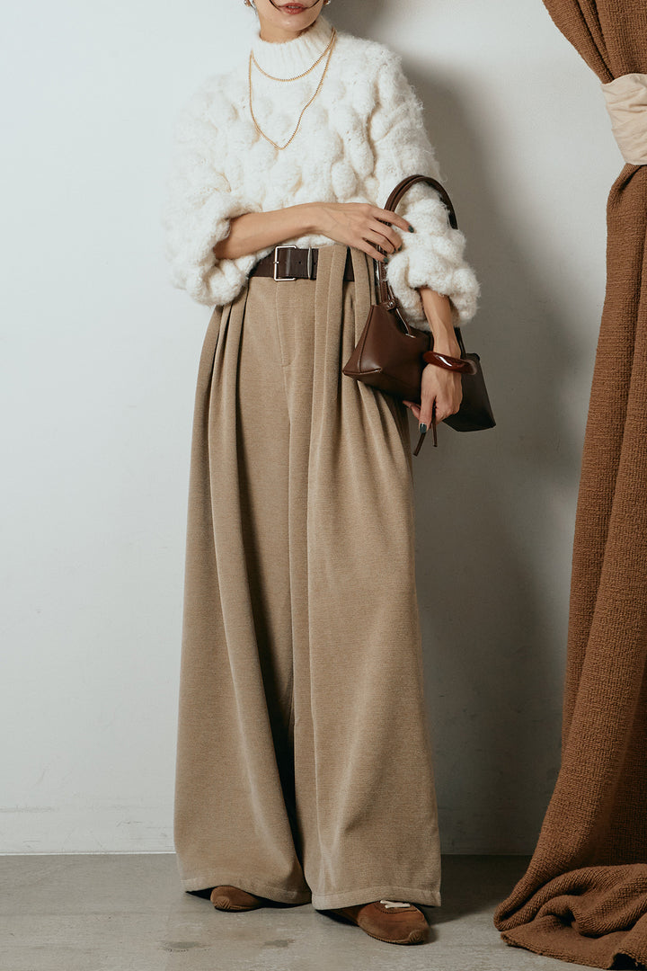 [SET]ボリュームポップコーンニットトップス+ベルトループコーデュロイワイドパンツ(2set)