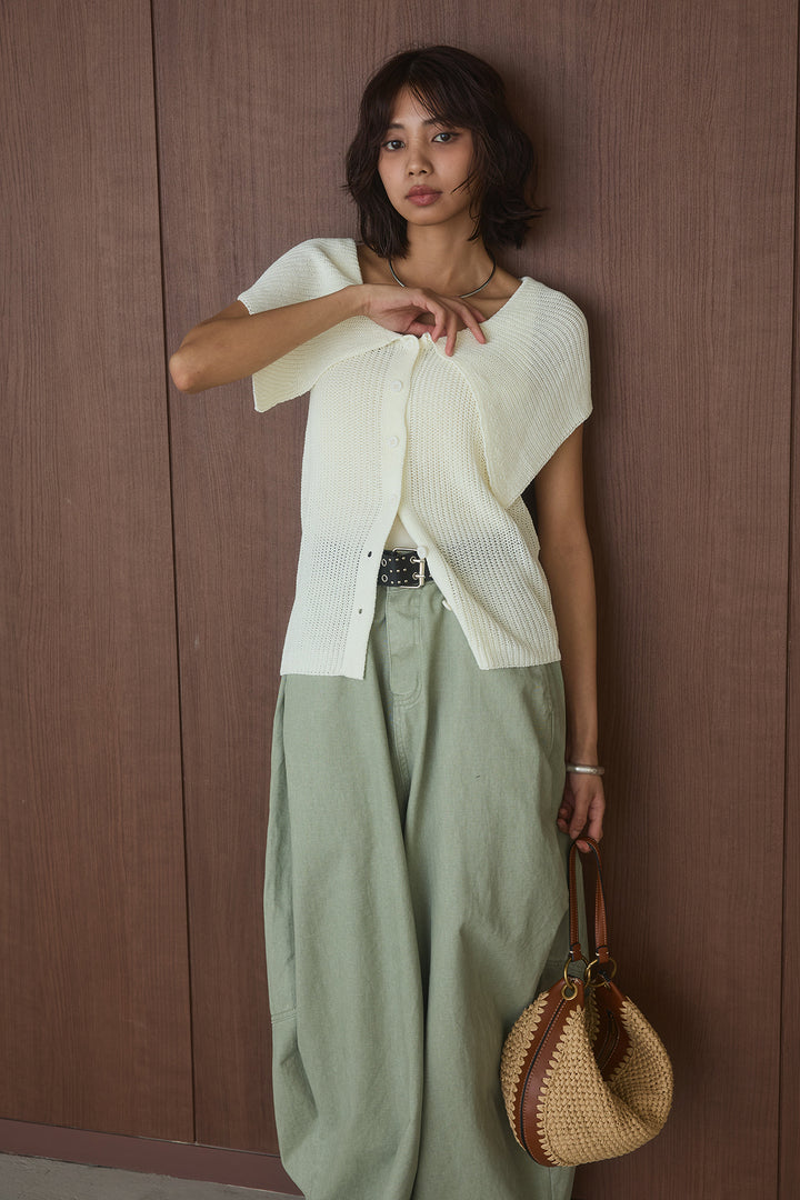 [SET]ビッグカラーボタンニットトップス+ベルト付きカラーデニムパンツ(2set)