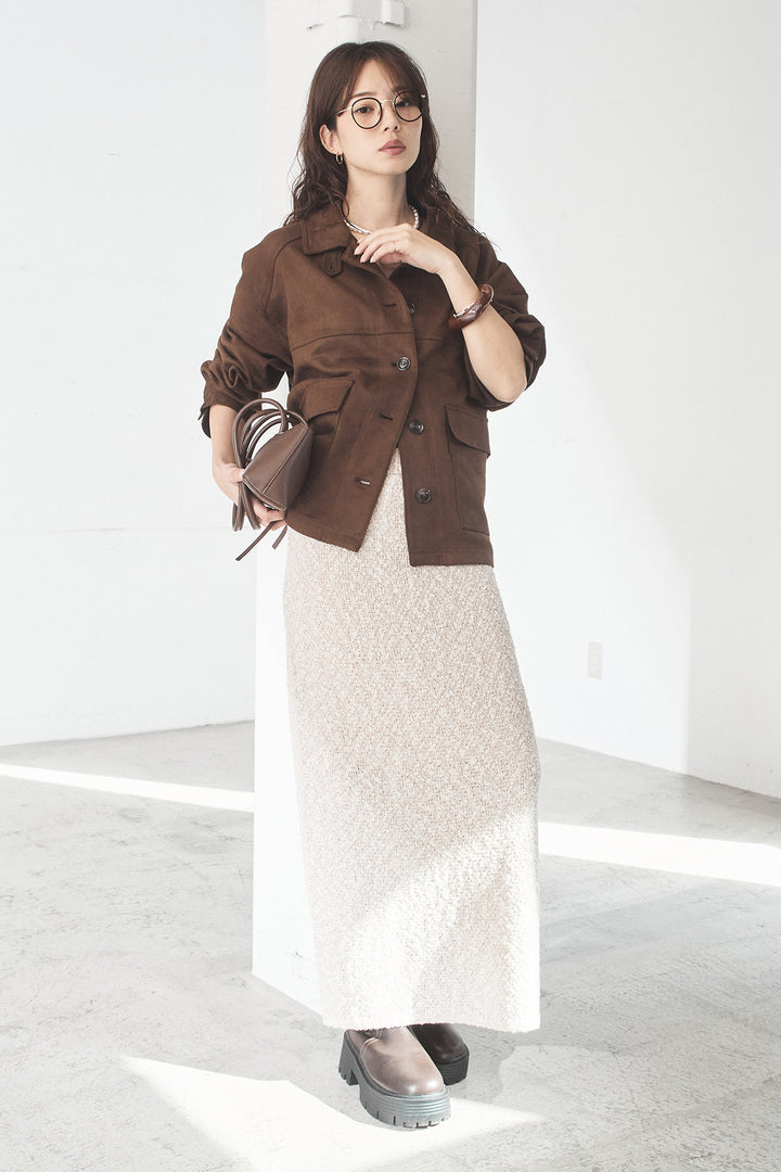 [SET]デカポケスエポンジャケット+ツイード風MIXスラブスカート(2set)