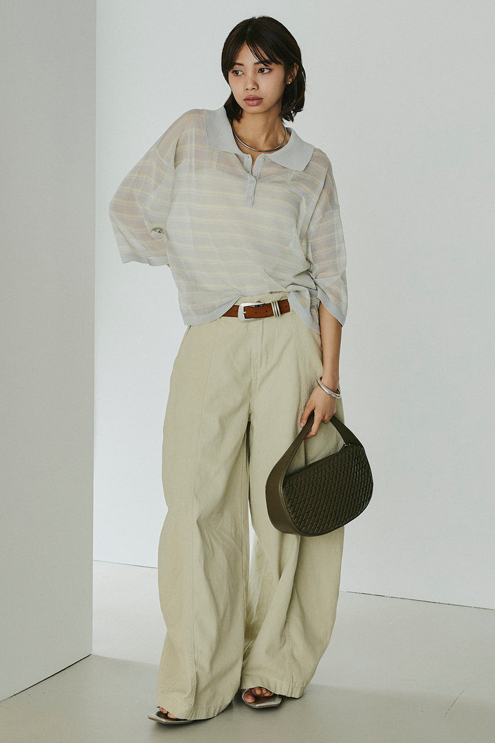 [SET]ボーダーニットポロシャツ+サイドベルトカーブワイドパンツ(2set)