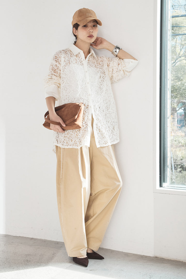 [SET]刺繍レースオーバーサイズシャツ+合繊ツイルパイピングタックカーブパンツ(2set)