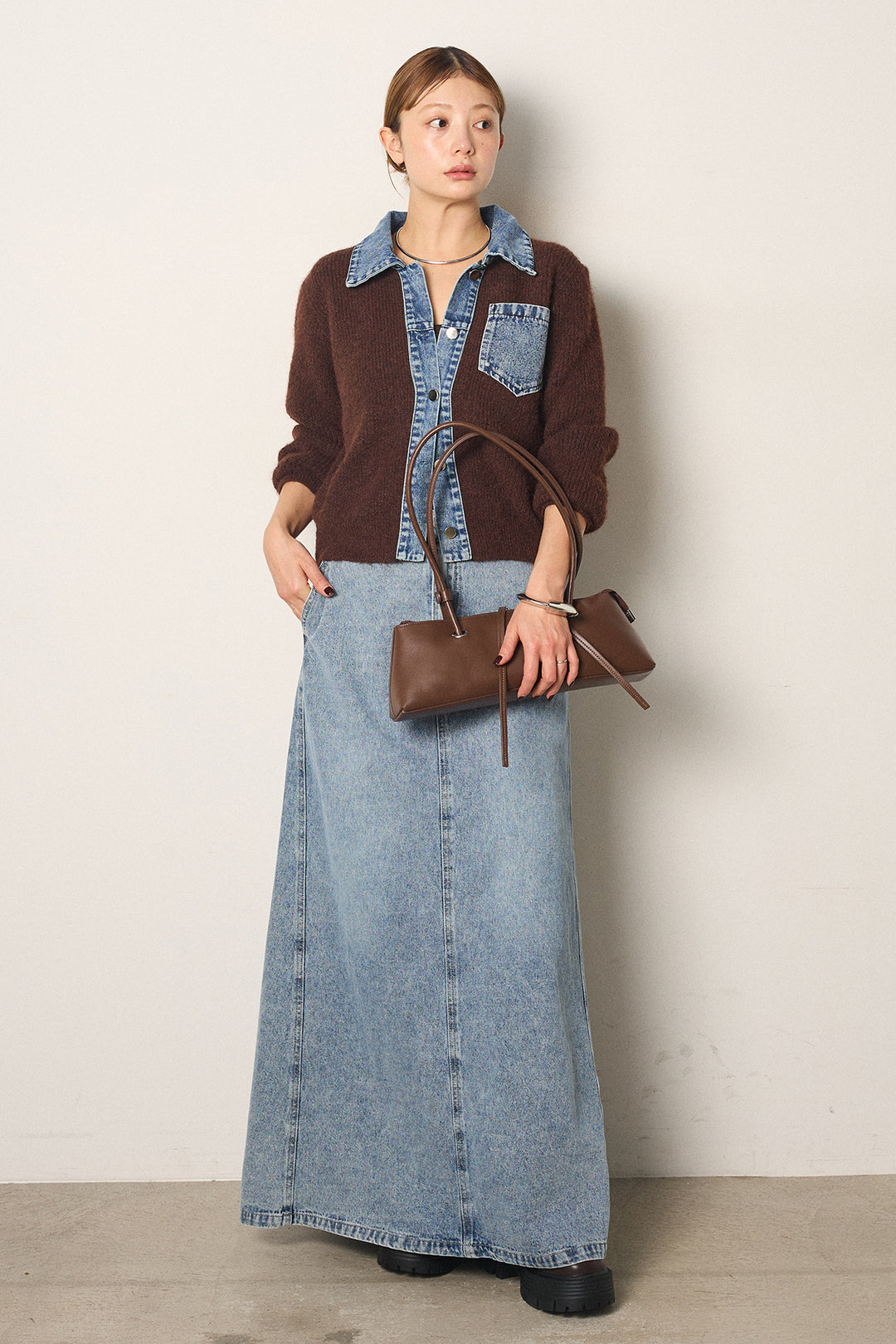 [SET]襟付きデニム切替ニットカーディガン+デニムロングフレアスカート(2set)