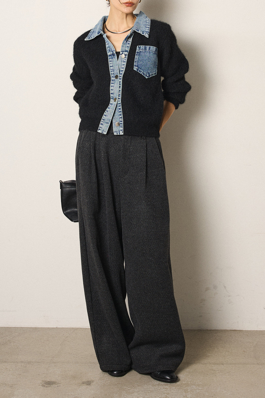 [SET]襟付きデニム切替ニットカーディガン+起毛タック入りツイードワイドパンツ(2set)